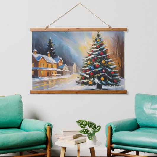 Feestelijke Snowy Cabin met kerstboom Hangend Wandkleed (Woonkamer)