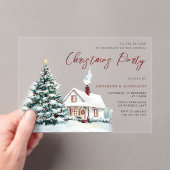 Feestelijke Snowy House & Tree kerstfeest Acryl Uitnodigingen (Insitu (Draagbaar))