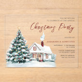 Feestelijke Snowy House & Tree kerstfeest Acryl Uitnodigingen (Voorkant)