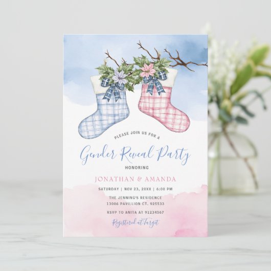 Feestelijke Sokken Floral Christmas Gender Reveal  Kaart (Staand voorkant)