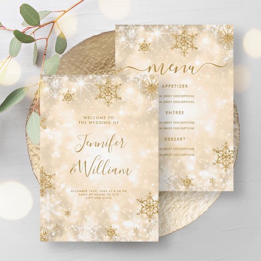 Feestelijke Sparkle Gold Winter Wedding Menu Kaart