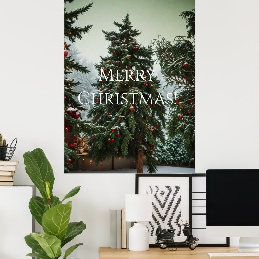 Feestelijke sparrenbomen versierd met slingers poster (Thuiskantoor)