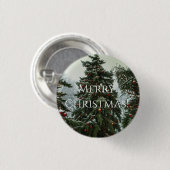 Feestelijke sparrenbomen versierd met slingers ronde button 3,2 cm (Voorkant /achterkant)