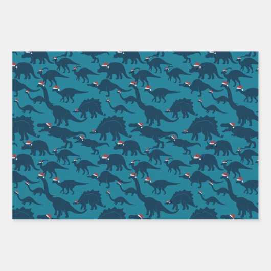 Feestelijke speelse dinosaurussen met kerstmutsen inpakpapier vel (Voorkant 3)