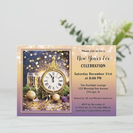 Feestelijke sprankelende oudejaarsuitnodiging kaart (Staand voorkant)