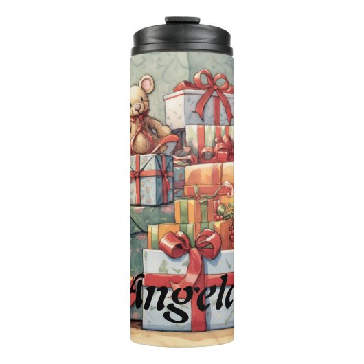 Feestelijke stapel kerstcadeaus thermosbeker (Voorkant)