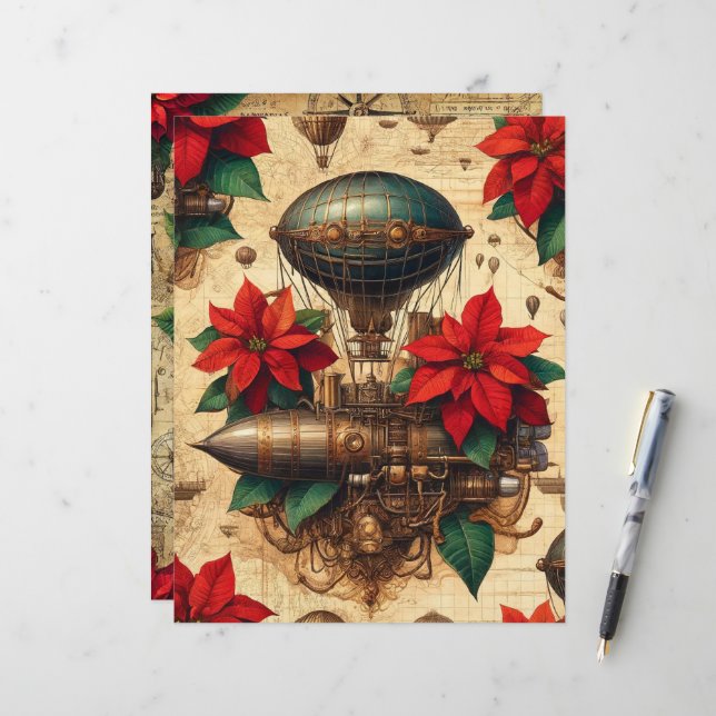 Feestelijke Steampunk Airship met Poinsettia Bloem (Voorkant / Achterkant in situ)