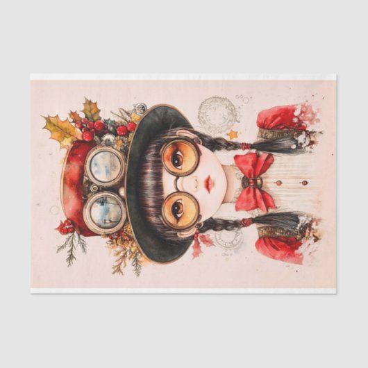 Feestelijke Steampunk Aziatische Vrouw BJ2 Decoupa Tissuepapier (Voorkant)