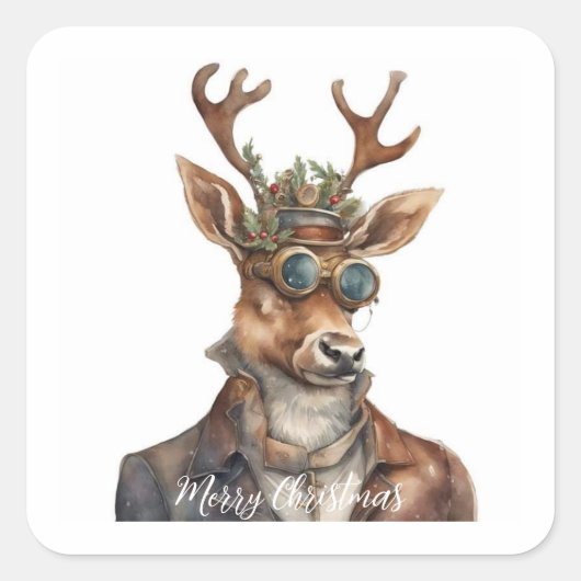 Feestelijke Steampunk Kerstrendieren Vierkante Sticker (Voorkant)