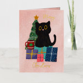 Feestelijke Sterren Goud Kerst Schattige Zwart Kat Folie Feestdagenkaart (Voorkant)