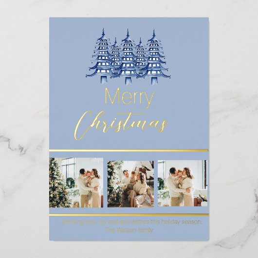 Feestelijke stoffige blauwe kerstpagode folie feestdagenkaart (Voorkant)