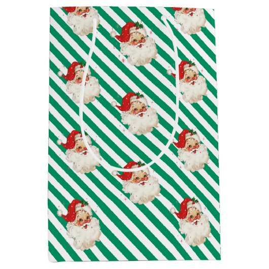 Feestelijke Streep Groene Retro Kerstmis Medium Cadeauzakje (Voorkant)