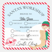 Feestelijke Streep Rode Kerstman Workshop Gift Vierkante Sticker (Voorkant)