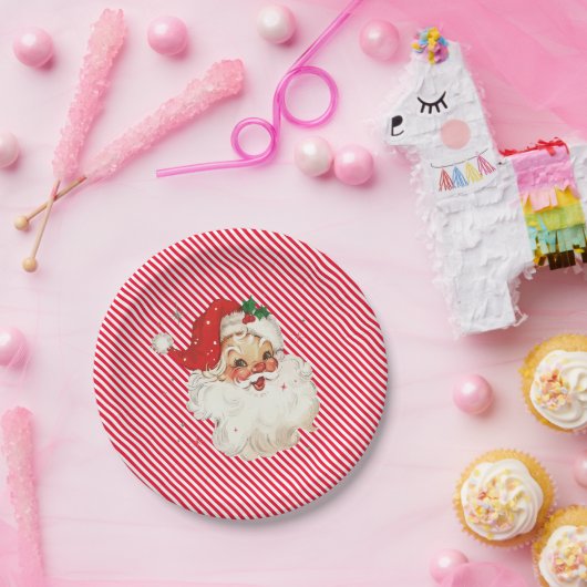 Feestelijke Streep Rood Retro Santa Papieren Bordje (Feest)