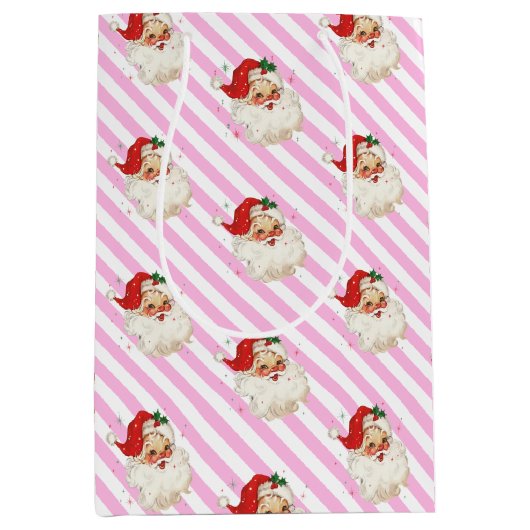 Feestelijke Streep Roze Retro Kerstmis Medium Cadeauzakje (Voorkant)