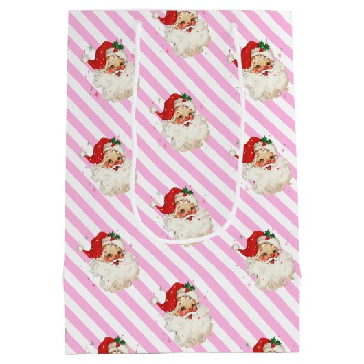 Feestelijke Streep Roze Retro Kerstmis Medium Cadeauzakje (Achterkant)