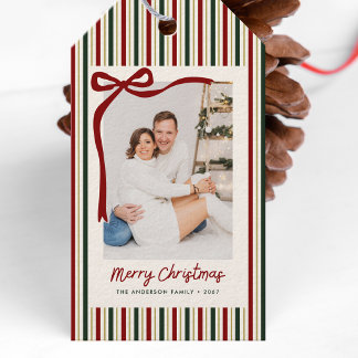 Feestelijke Strepen & Strik Kerst Familie Foto Cadeaulabel