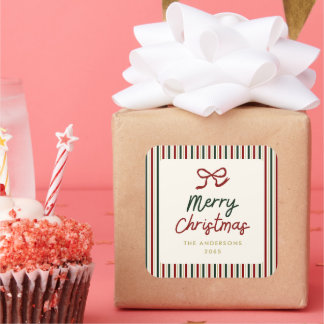 Feestelijke Strepen & Strik Kerst Vierkante Sticker