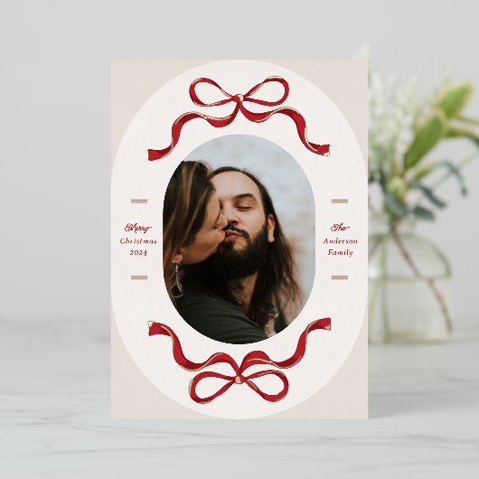 Feestelijke strikken in Red Rose Gold Oval Photo H Folie Feestdagenkaart (Staand Voorkant)