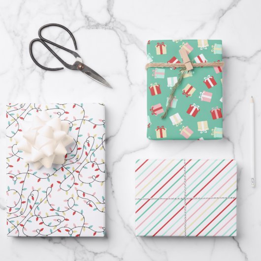 Feestelijke String Lichten & Geschenken & Strepen Inpakpapier Vel (Voorkant)