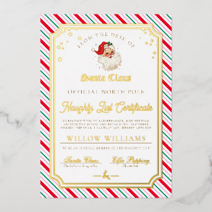 Feestelijke Stripe Naughty List Certificaat Folie  Folie Uitnodiging