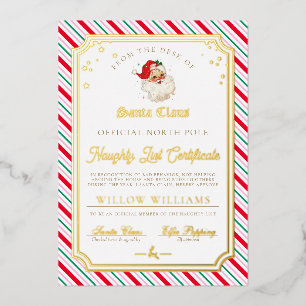 Feestelijke Stripe Naughty List Certificaat Folie  Uitnodiging