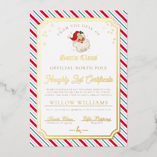 Feestelijke Stripe Naughty List Certificaat Folie Uitnodiging (Voorkant)