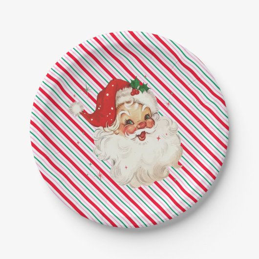 Feestelijke Stripe Retro Santa Papieren Bordje (Voorkant)
