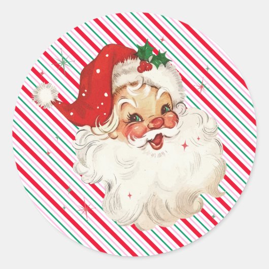 Feestelijke Stripe Retro Santa Ronde Sticker (Voorkant)
