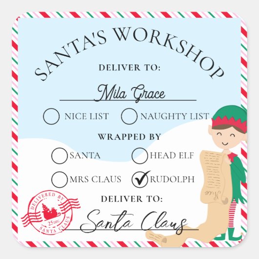 Feestelijke Stripe Santa's Workshop Gift Vierkante Sticker (Voorkant)