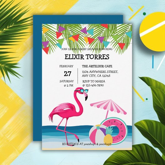 Feestelijke Summer Beach Pink Flamingo Baby shower Kaart