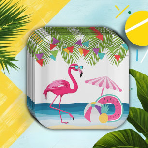 Feestelijke Summer Beach Pink Flamingo Baby shower Papieren Bordje