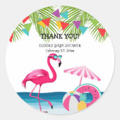 Feestelijke Summer Beach Pink Flamingo Baby shower Ronde Sticker (Voorkant)