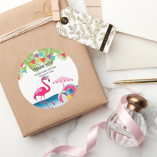 Feestelijke Summer Beach Pink Flamingo Baby shower Ronde Sticker (Geschenken)