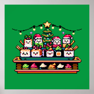 Feestelijke Sushi Kerstboom - Schattigee Pixel Art Poster