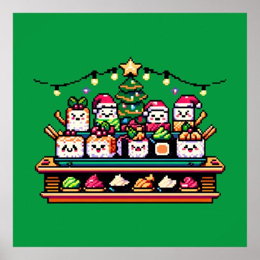 Feestelijke Sushi Kerstboom - Schattigee Pixel Art Poster (Voorkant)