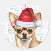 Feestelijke Tan Chihuahua Hond op Woof Art Kerstmi Ronde Sticker (Voorkant)