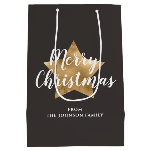 Feestelijke Taupe Bruin Gouden Ster Kerstmis Medium Cadeauzakje (Achterkant)