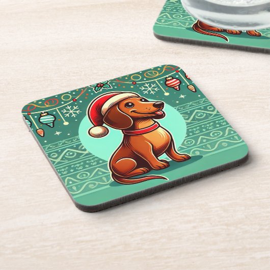 Feestelijke teckel met kerstmuts bier onderzetter (Linkerzijde)