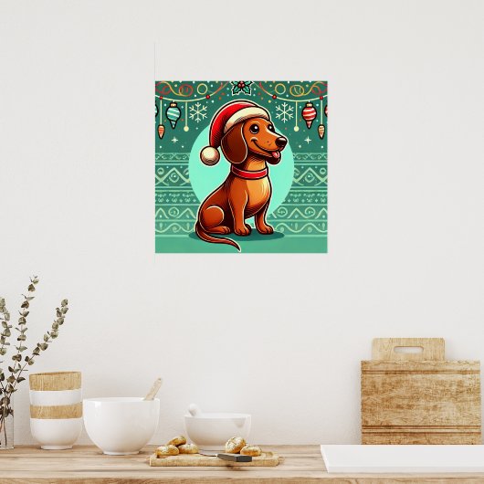 Feestelijke teckel met kerstmuts poster (Keuken)
