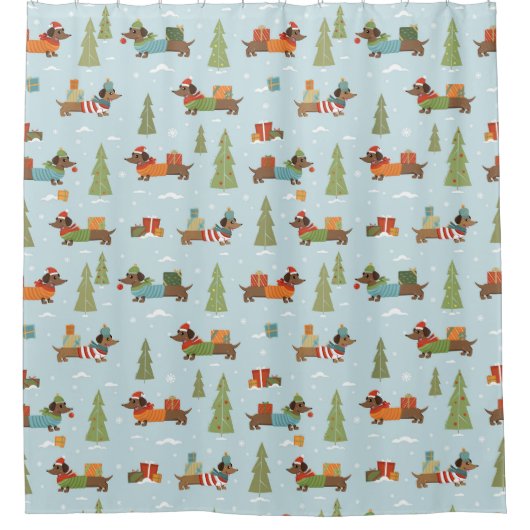 Feestelijke teckels in het sneeuwpatroon douchegordijn (Voorkant)