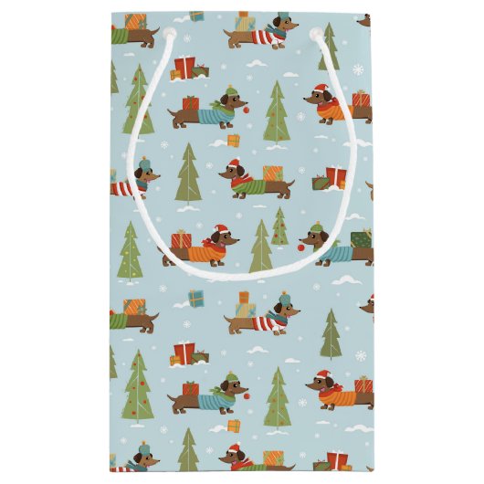 Feestelijke teckels in het sneeuwpatroon klein cadeauzakje (Achterkant)