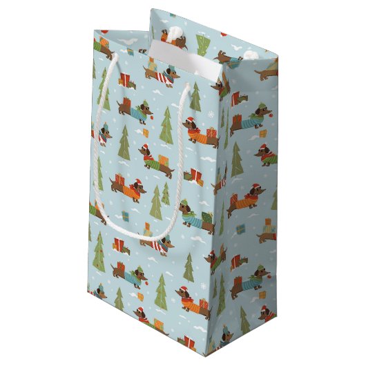 Feestelijke teckels in het sneeuwpatroon klein cadeauzakje (Achterkant Gekanteld)