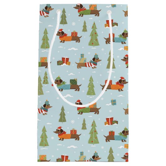 Feestelijke teckels in het sneeuwpatroon klein cadeauzakje (Voorkant)