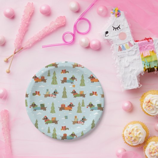 Feestelijke teckels in het sneeuwpatroon papieren bordje (Feest)