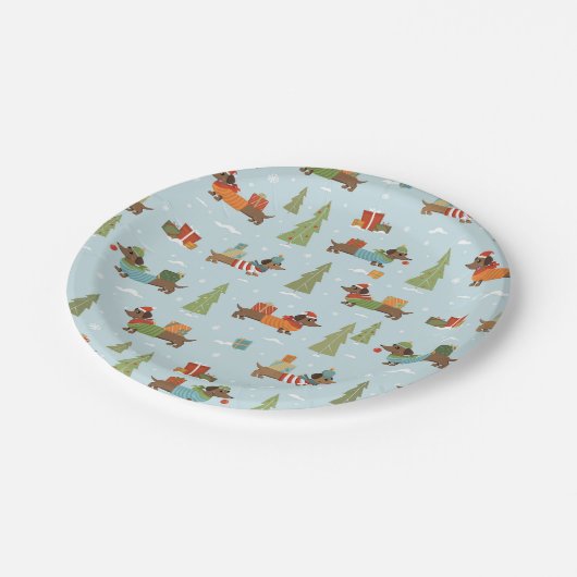 Feestelijke teckels in het sneeuwpatroon papieren bordje (Gekanteld)