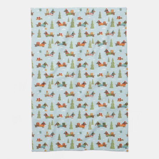 Feestelijke teckels in het sneeuwpatroon theedoek (Verticaal)