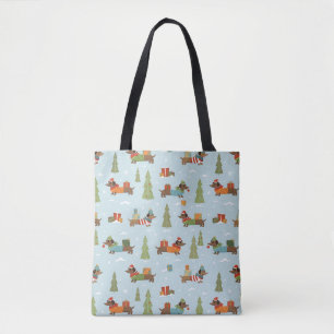 Feestelijke teckels in het sneeuwpatroon tote bag