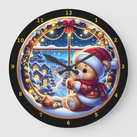 Feestelijke teddybeer en winterlandschap grote klok (Voorkant)