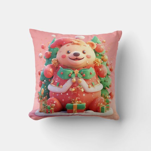 Feestelijke teddybeer met cadeaus en kerstboom kussen (Voorkant)